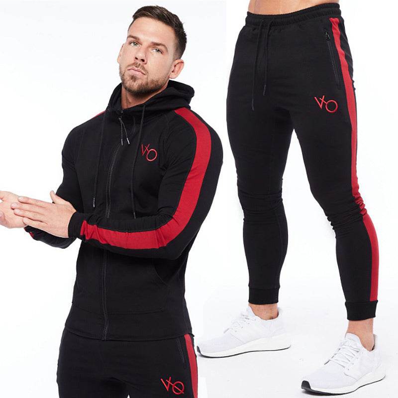 Men's Running Training Elastic Sweater Set Black red