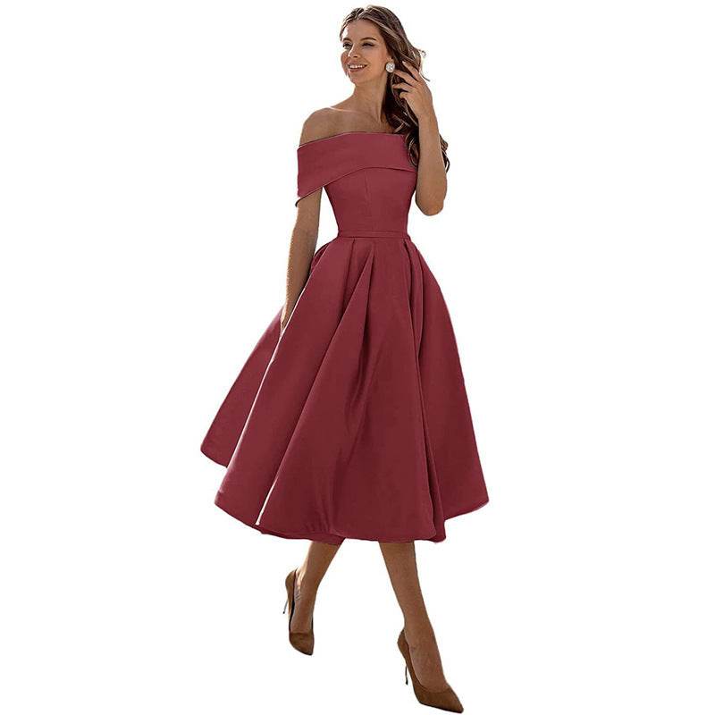 Women's Fashion Casual Strapless Satin Party Dress Off The Shoulder Tea Length Satin Prom Dresses With Pockts Formal Evening Party Dress Wine Red