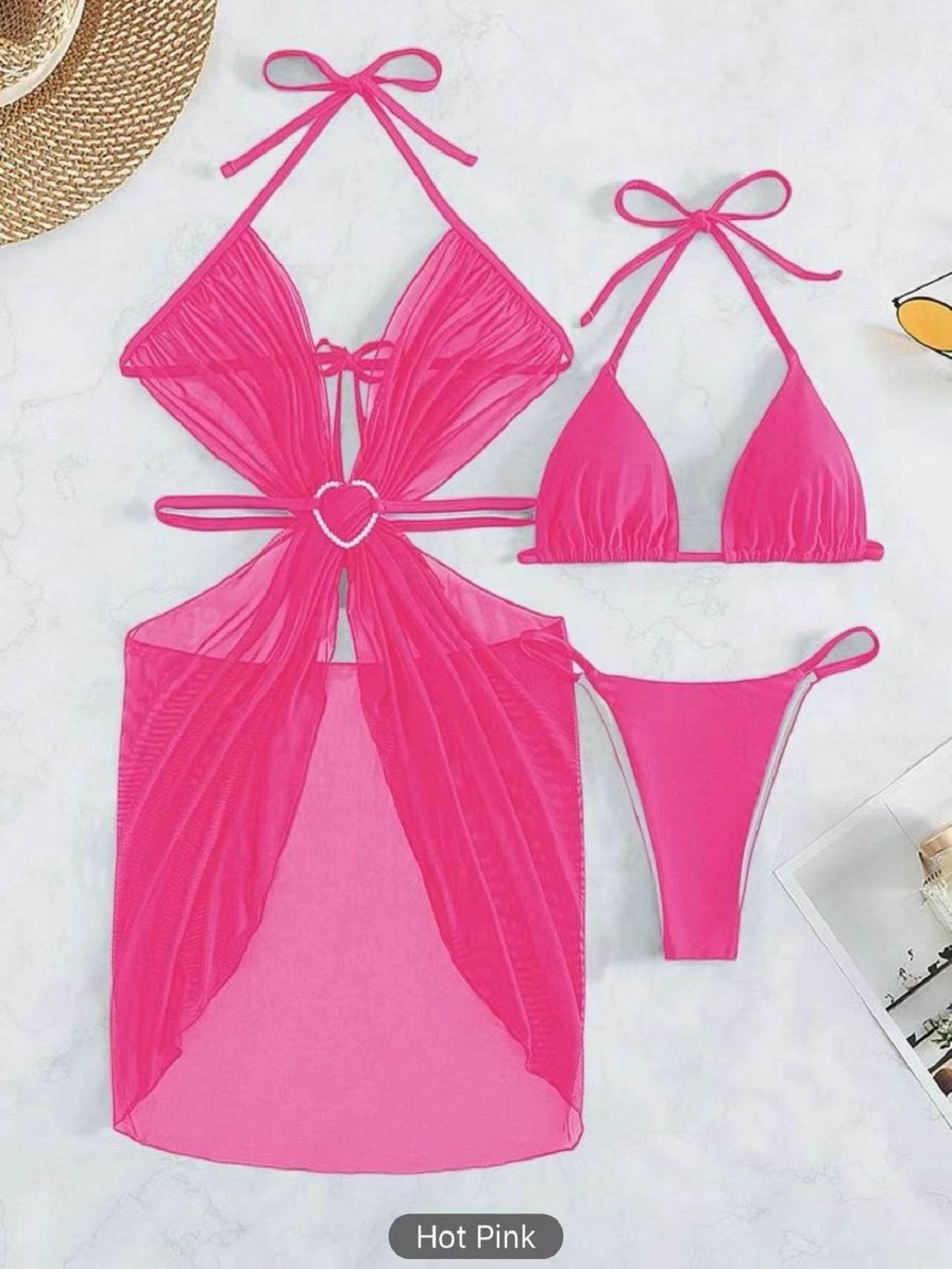 3pcs Halter Neck Bikini Beach Summer Solid Color Split Swimsuit Womens Clothing - La Gaelliance DG ESsence