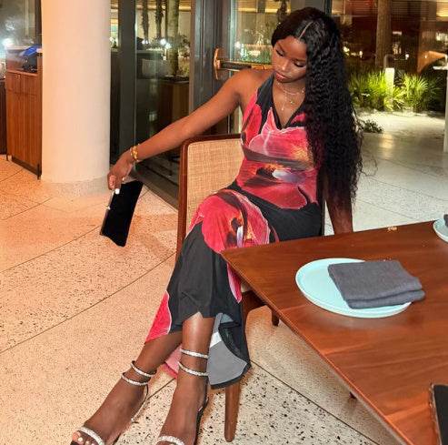 Slim Fit Floral Mesh Suspender Scarf Collar Backless Dress