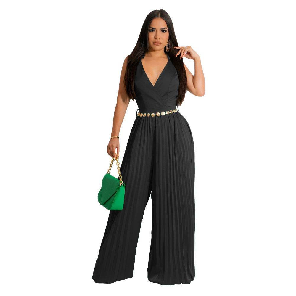 Cinched Pleated Loose Wide Leg Jumpsuit Black