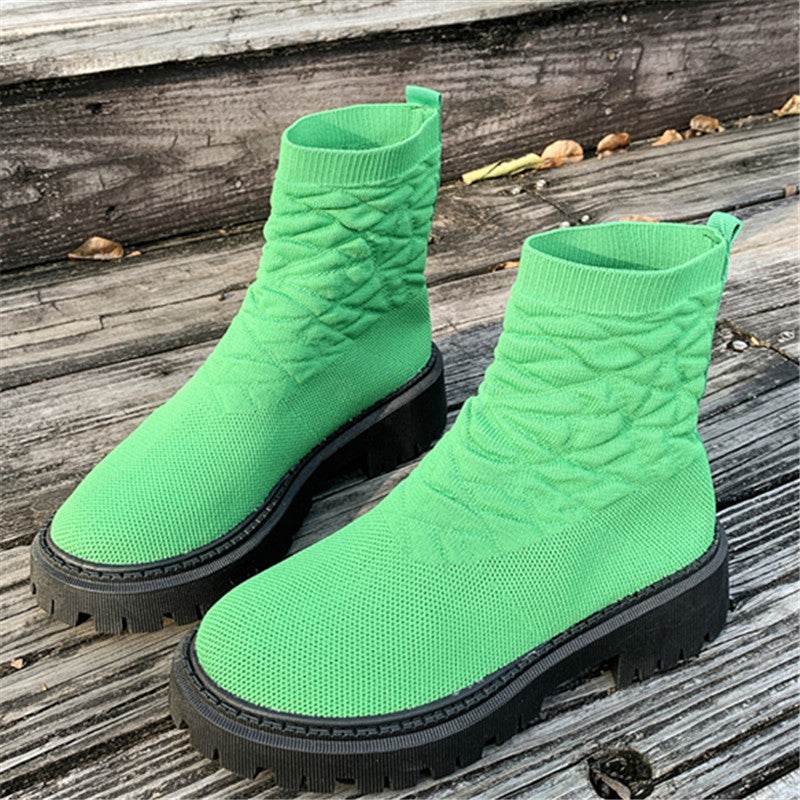 Women's Thick Heel Solid Color Casual And Comfortable Martin Boots Grass Green