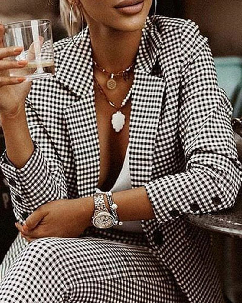 New Fashion Women's Plaid Slim Fit Lapel Suit Set Black white