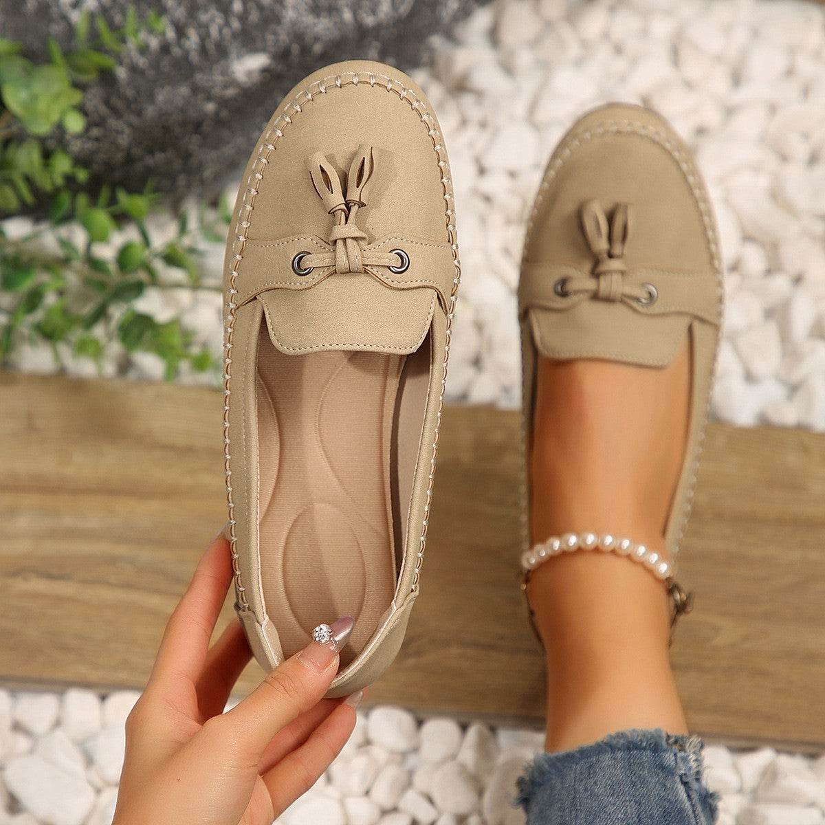 Women's Round Head Loafers Fashion Non-slip Soft Comfortable Flats Shoes Khaki
