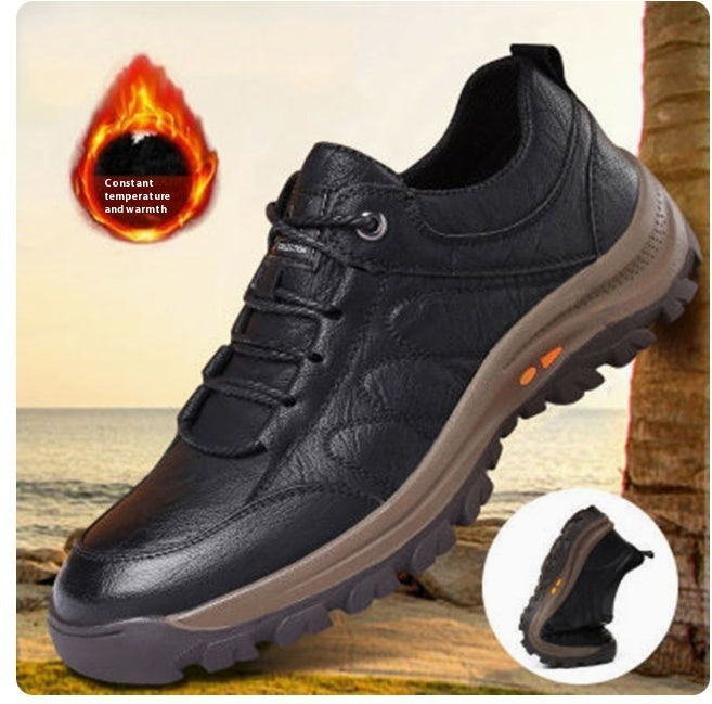 Casual Leather Shoes Outdoor Hiking Shoes Black Plus fleece