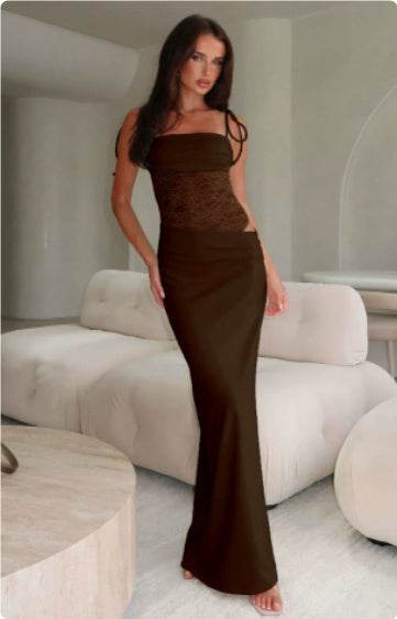 Y2K Lace Suspender Dress Fashion Sexy Lace Long Dresses Party Evening Club Beach Clothing For Women Brown