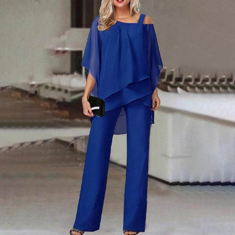 Solid Loose Irregular Suits Batwing Sleeve Top And Straight Trousers Outfits Womens Clothing Royal Blue