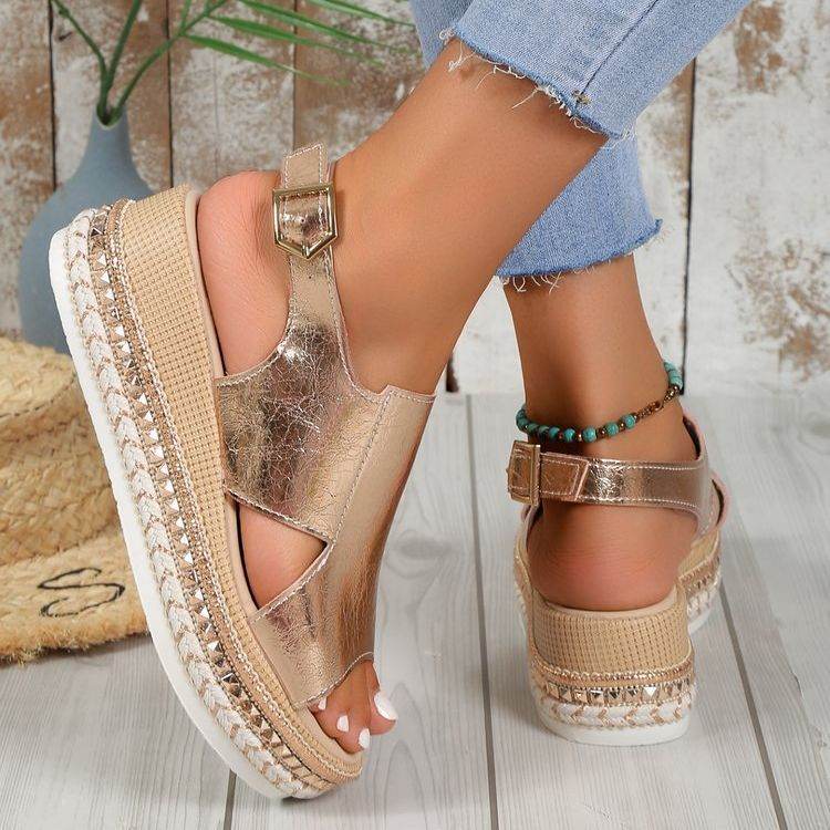 Summer Shiny Sandals Hollow Design Fish Mouth Sandal For Women Fashion Buckle Wedges Shoes