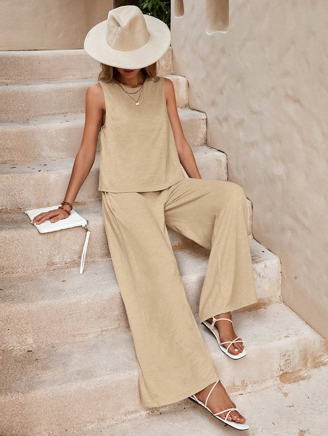 Solid Color Casual Loose Pants Sets For Women Elegant Spring Summer Women's Two Pieces Suit Full Trouser Set Female Outfit Clothes Beige