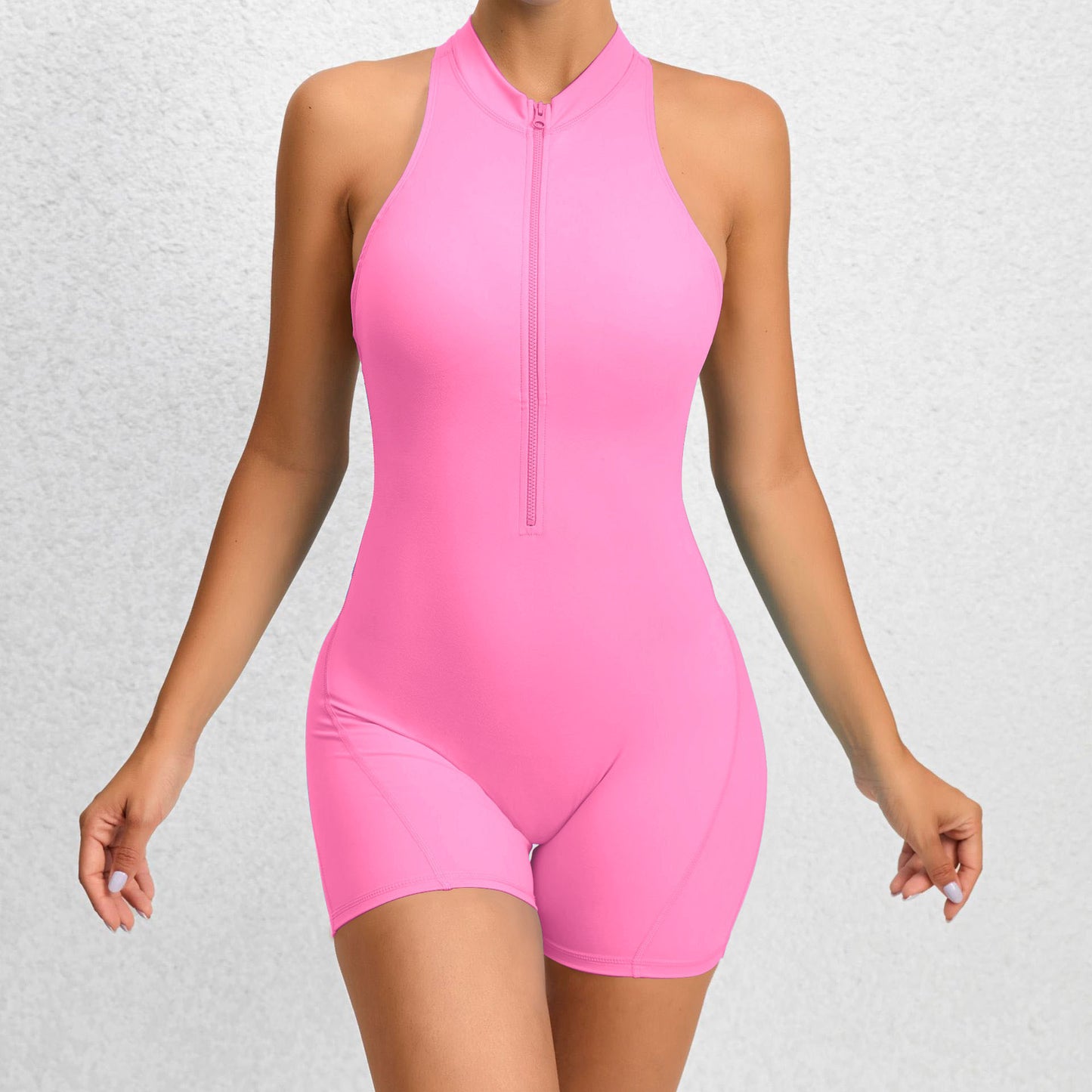 Zippered Yoga Fitness Shorts Jumpsuit Sleeveless Tummy Control Stretch Shapewear Butt Lifting Sportswear Women Pink
