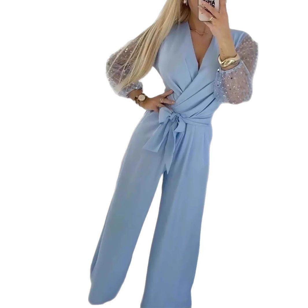 Sequined Top Wide Leg Pants Casual Suit Women