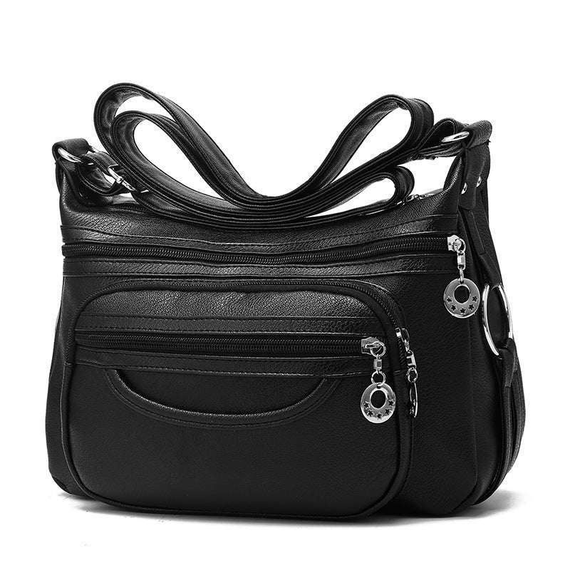 Soft Leather Casual Shoulder Bag Large Capacity Black 29X14X19
