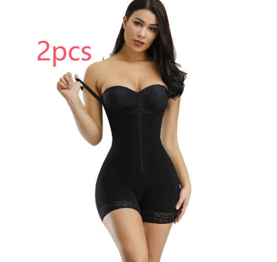 High Waist Hip Trousers Shoulder Strap Corsets Lace Plus Size Belly Pants Black 2pcs 3XL