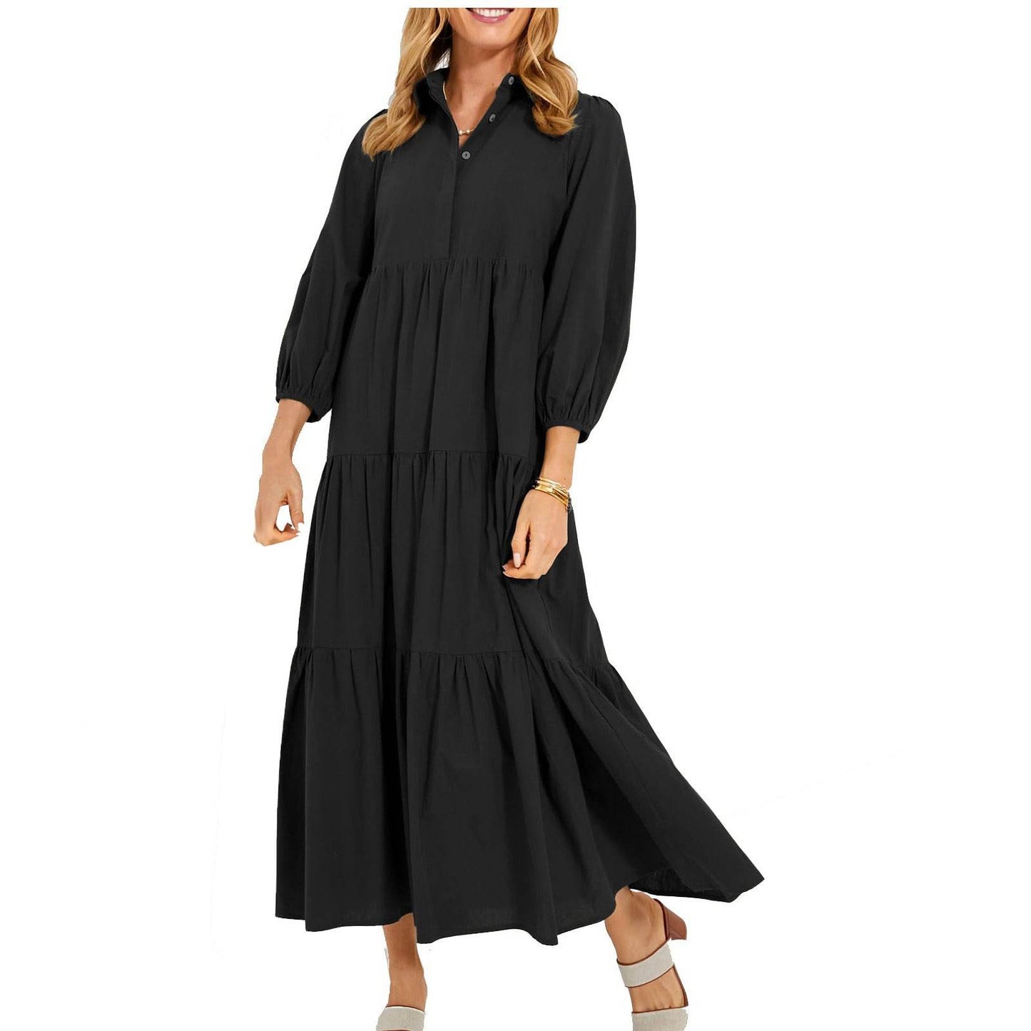 New Button Lapel Fashion Pullover High Waist Casual Dress Ladies Black