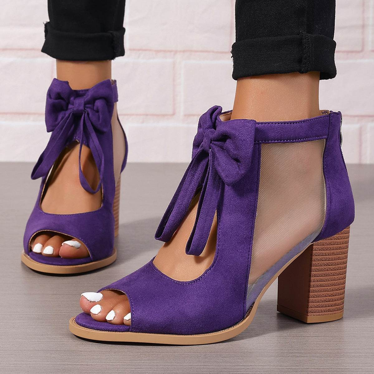 Platform Chunky High Heels Women's Sandals Bow Decoration Open Toe Block Ankle Strap Sandals For Dress Bridal Party Shoes Purple