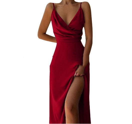 V-neck Slit Sling Dress Summer Fashion Sexy Slim Suspender Dresses For Women Clothing 9color