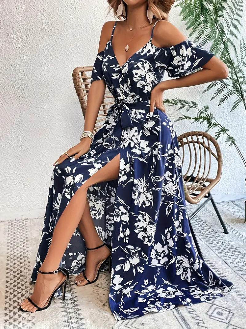 Ins Off-Shoulder Split Dress Summer Floral Print Suspender Long Dresses With Belt Design Women's Beach Clothing Dark Blue