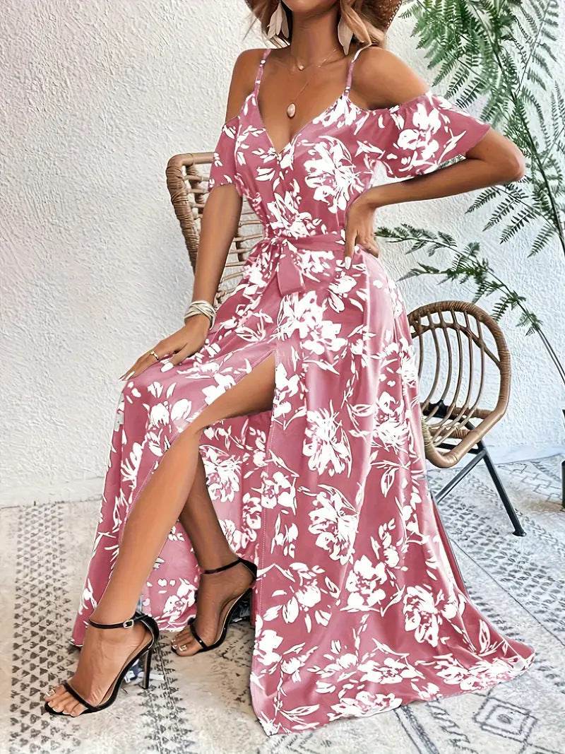 Ins Off-Shoulder Split Dress Summer Floral Print Suspender Long Dresses With Belt Design Women's Beach Clothing Pink