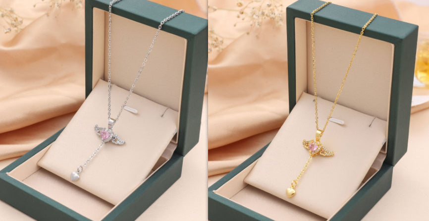 Moving Cupid Heart Angel Wings Tassel Necklace With Crystal Clavicle Chain Women Jewelry Gift Valentine's Day Set