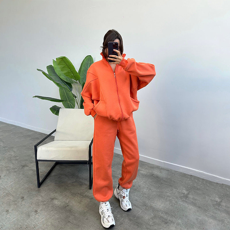 Sports Suits With Pockets Stand-up Collar Zipper Cardigan And Drawstring Trousers Fashion Jogger Set Outfits Tracksuits Women's Clothing Orange Red