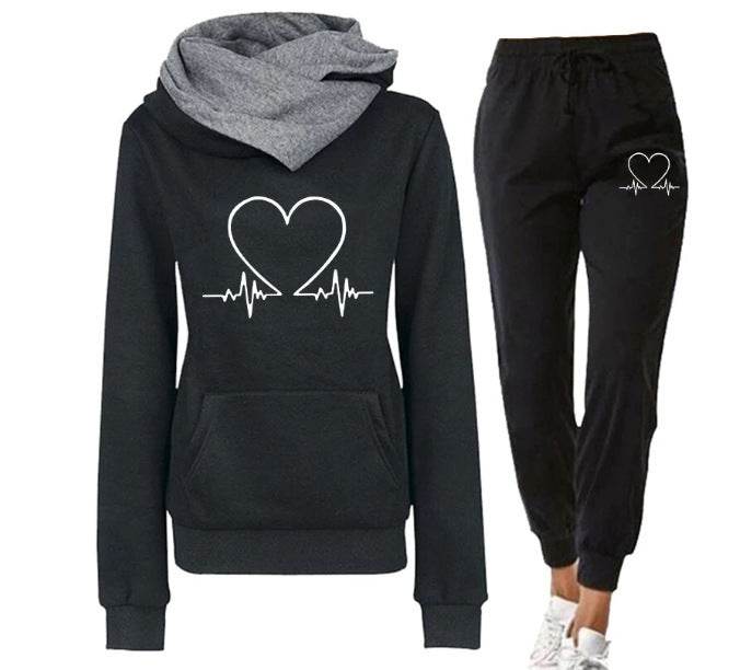 Love Heart Printed Sports Suit Hooded Sweatshirt Top And Drawstring Pants Fashion Casual Clothing For Women Black