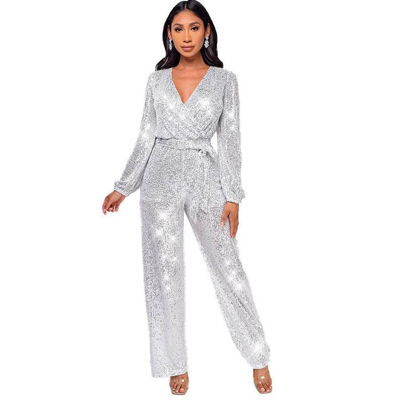 High Waist Wide Leg Sequined Belt Jumpsuit Silver White