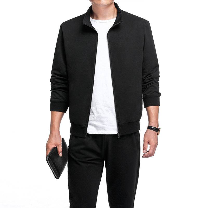 Spring And Autumn Plus Size Sports Casual Fashion Stand Collar Cardigan 2-piece Set Black