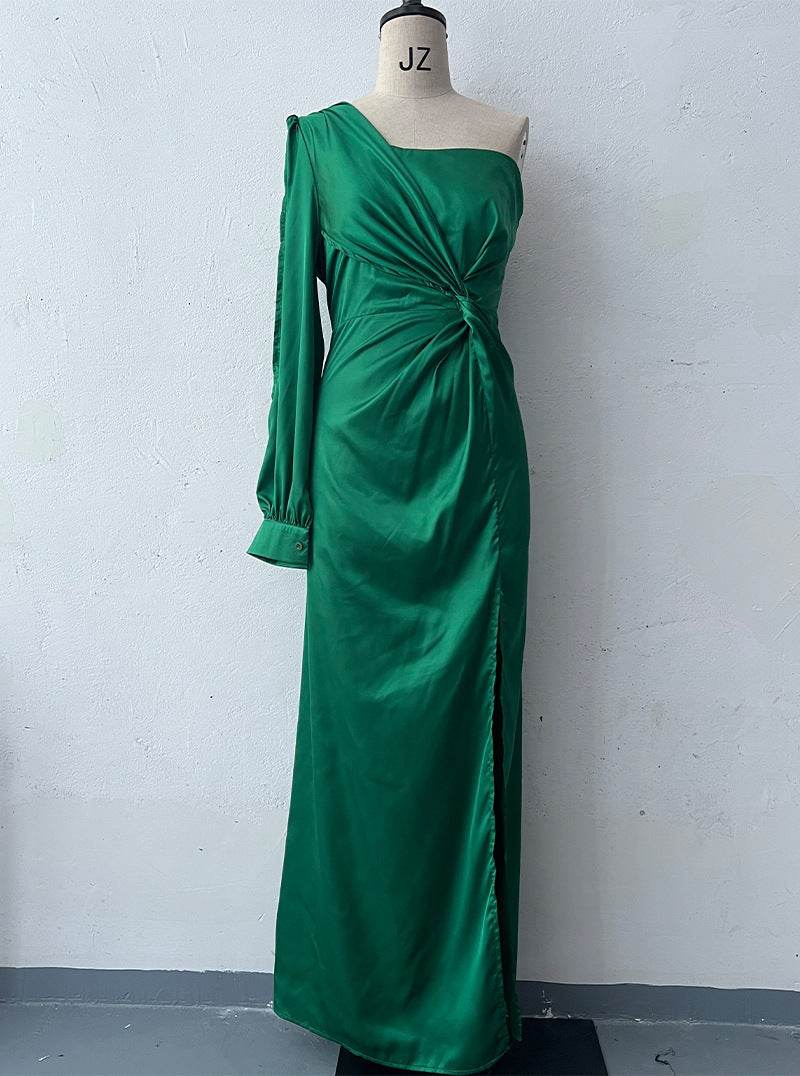 Women's One-shoulder Split Dress Ins Fashion Long-sleeved Slim Long Dresses Party Evening Clothing Fruit Green