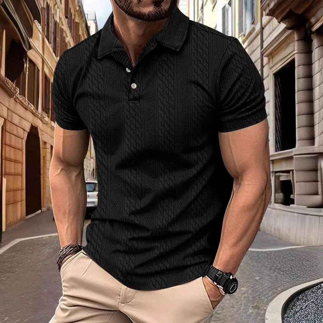 Simple Fashion Solid Color Polo Collar Men's Button Jacquard Short Sleeve Black