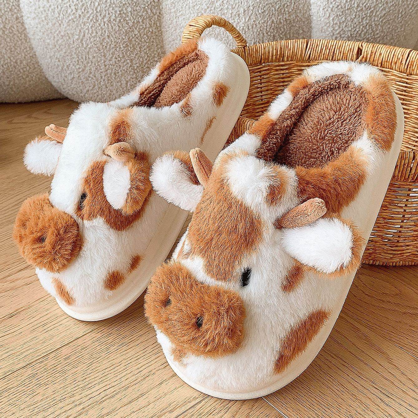 Cute Cartoon Cow Plush Slippers Winter Warm Indoor Bedroom Floor Fuzzy Slipper Couple Non-slip House Shoes Brown