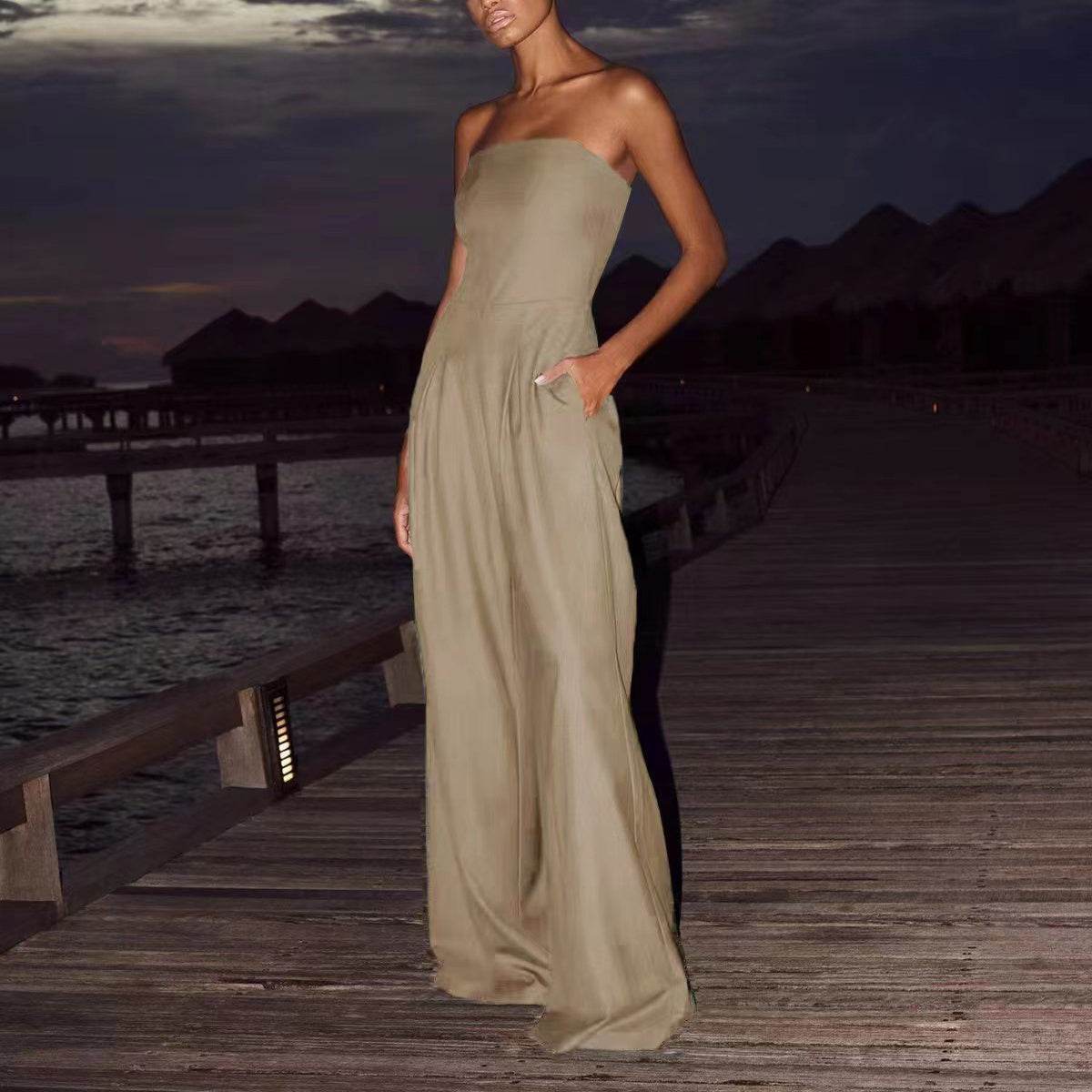Loose Tube-top Jumpsuit Ins Fashion Backless Wide Leg Long Pants Overalls Women's Clothing Khaki