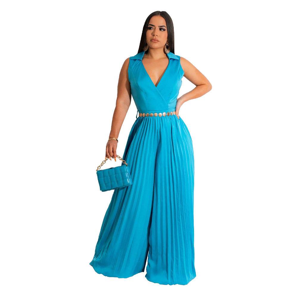 Cinched Pleated Loose Wide Leg Jumpsuit Blue