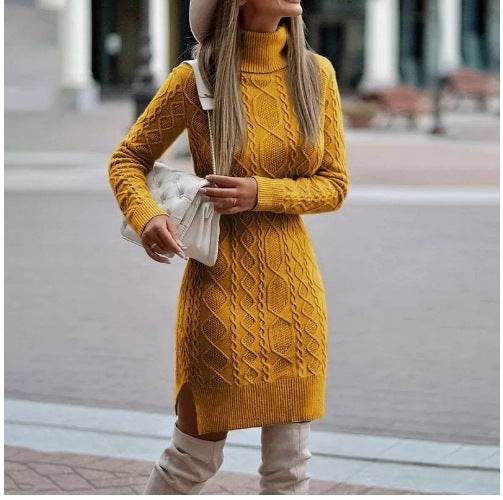 Fashion Turtleneck Knitted Dress With Slit Design Winter Warm Solid Color Pullover Long Sweater Women's Clothing Yellow