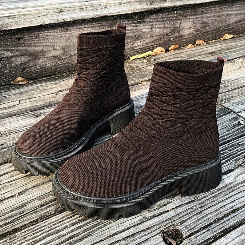 Women's Thick Heel Solid Color Casual And Comfortable Martin Boots Brown