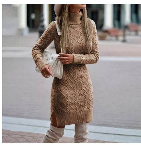 Fashion Turtleneck Knitted Dress With Slit Design Winter Warm Solid Color Pullover Long Sweater Women's Clothing Camel