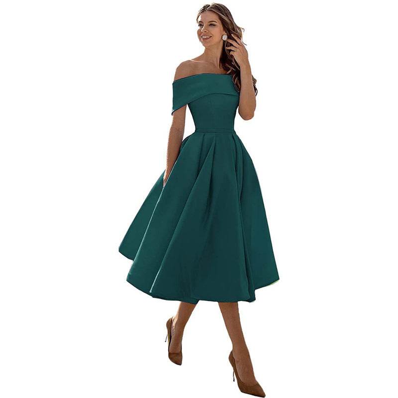 Women's Fashion Casual Strapless Satin Party Dress Off The Shoulder Tea Length Satin Prom Dresses With Pockts Formal Evening Party Dress Dark Green