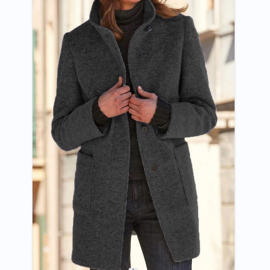 Fashion Stand Collar Woolen Coat With Pockets Fall Winter Casual Button Outwear For Women Clothing Black flowers