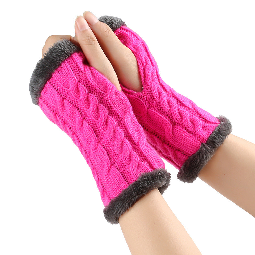 Winter Plush Gloves Twist Knitted Fingerless Fleece Gloves Women Warm Thickened Woolen Gloves Red One Size