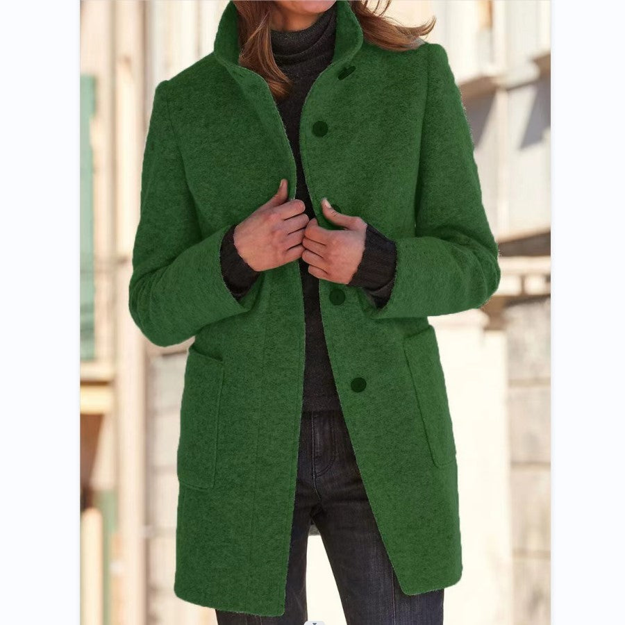 Fashion Stand Collar Woolen Coat With Pockets Fall Winter Casual Button Outwear For Women Clothing Green