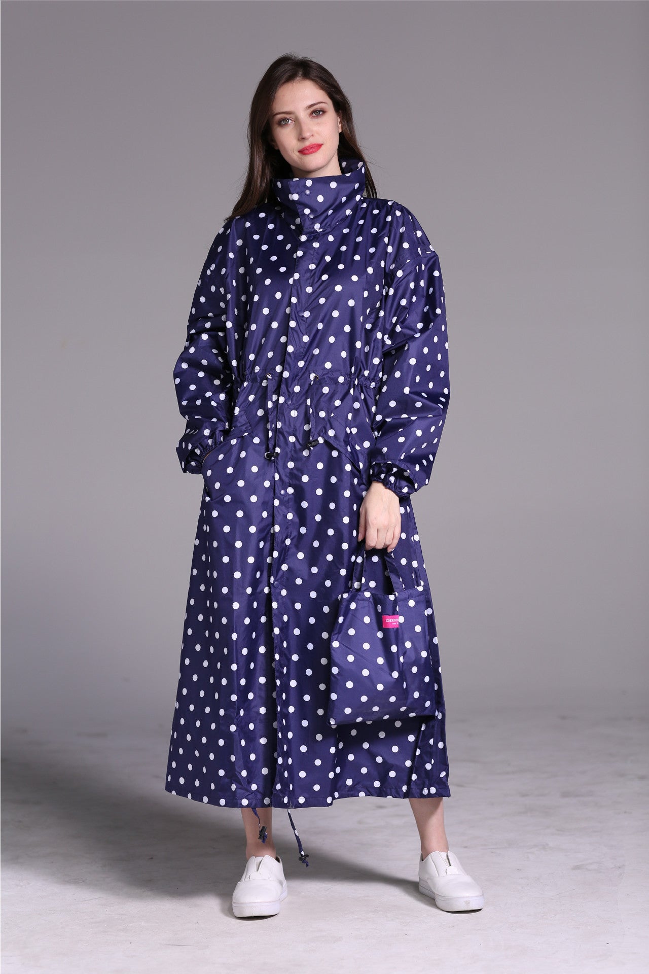 Extended Fashion Lightweight Large Size Sealing Raincoat 17001 Blue With Dots