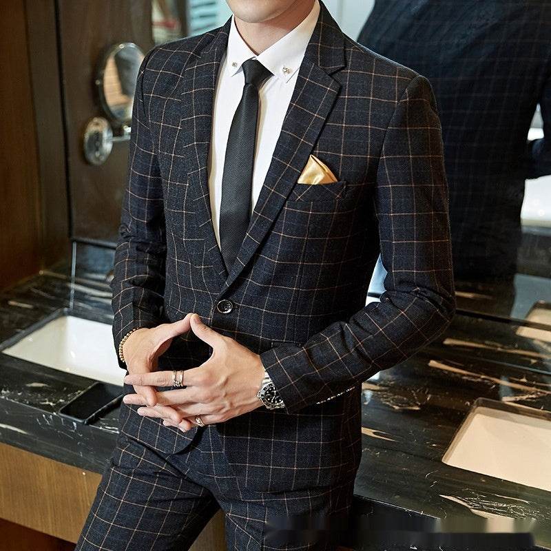 Men's Korean-style Business Suit Slim-fit Plaid Casual Wear Gray Three Pieces