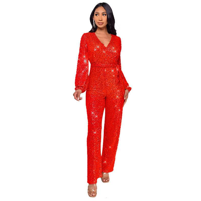 High Waist Wide Leg Sequined Belt Jumpsuit Red