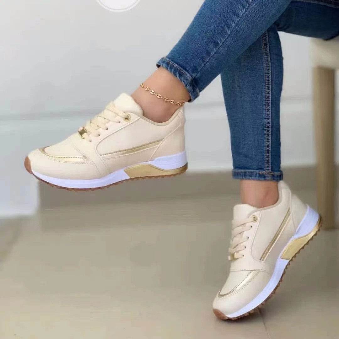 Casual Lace-up Flat Shoes Women Shallow Round Toe Sports Walking Sneakers Apricot