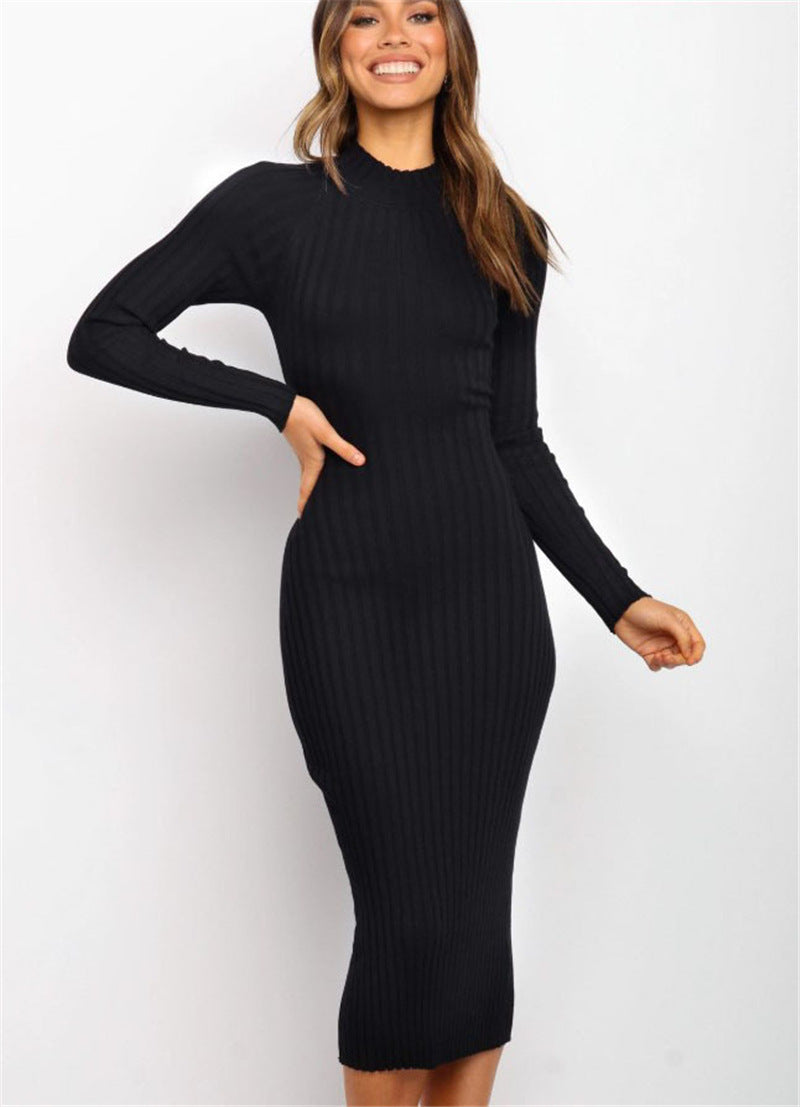 New Style Women's Suits Sweater Dresses Women's Solid Color Backless Bow Tight Dresses Black.
