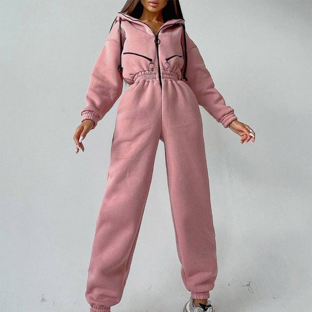 Casual Women Basic Hoodie Two Piece Sets Zipper Drawstring Pink