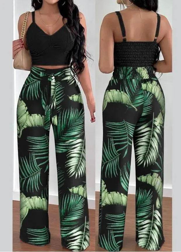 Women's Solid Color Slim Elastic Pleated Two-Piece Suit Sexy Spaghetti Strap V-neck Backless Vest High Waist Wide Leg Pants Suit Green