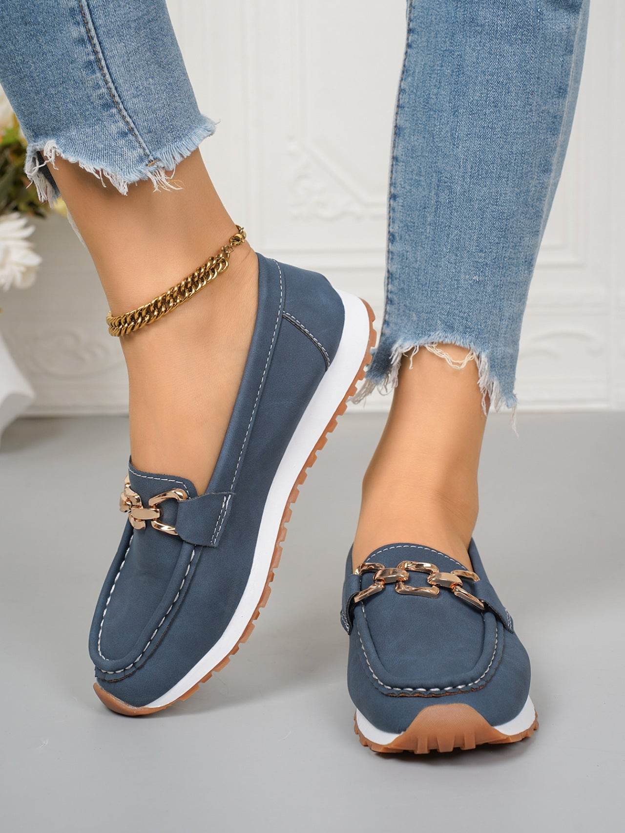 Oversized Shoes Female Metal Chain Flat Platform Casual Loafers Blue