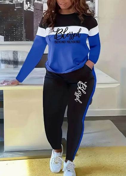Casual Round Neck Long Sleeve Top And Pants Suit Blue