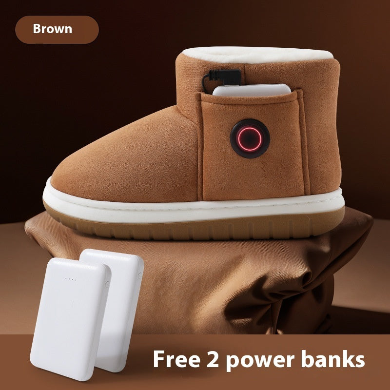 Electric Heating Shoes Rechargeable Foot Warmer Artifact Heating Home Shoes Winter Warm Temperature Regulating Cotton Shoes Brown