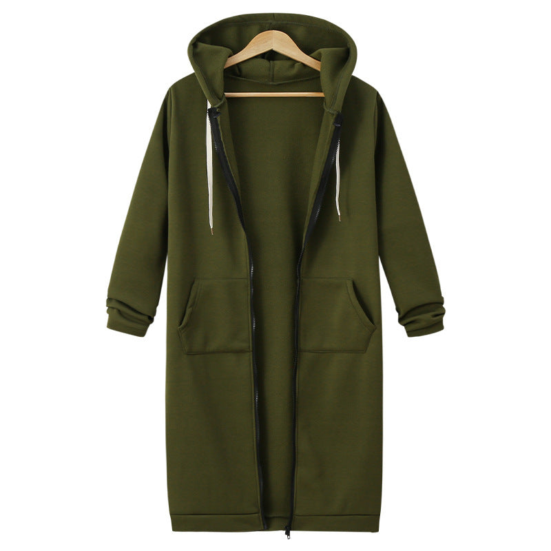 Hooded Long Sleeve Sweater Fleece Long Jacket Army Green